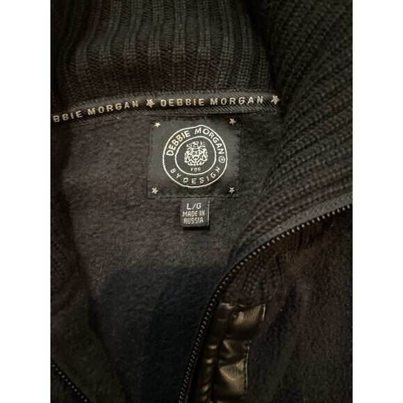 DEBBIE MORGAN by DESIGN L black fleece jacket Knitted collar sleeve Leather Trim - Picture 2 of 5